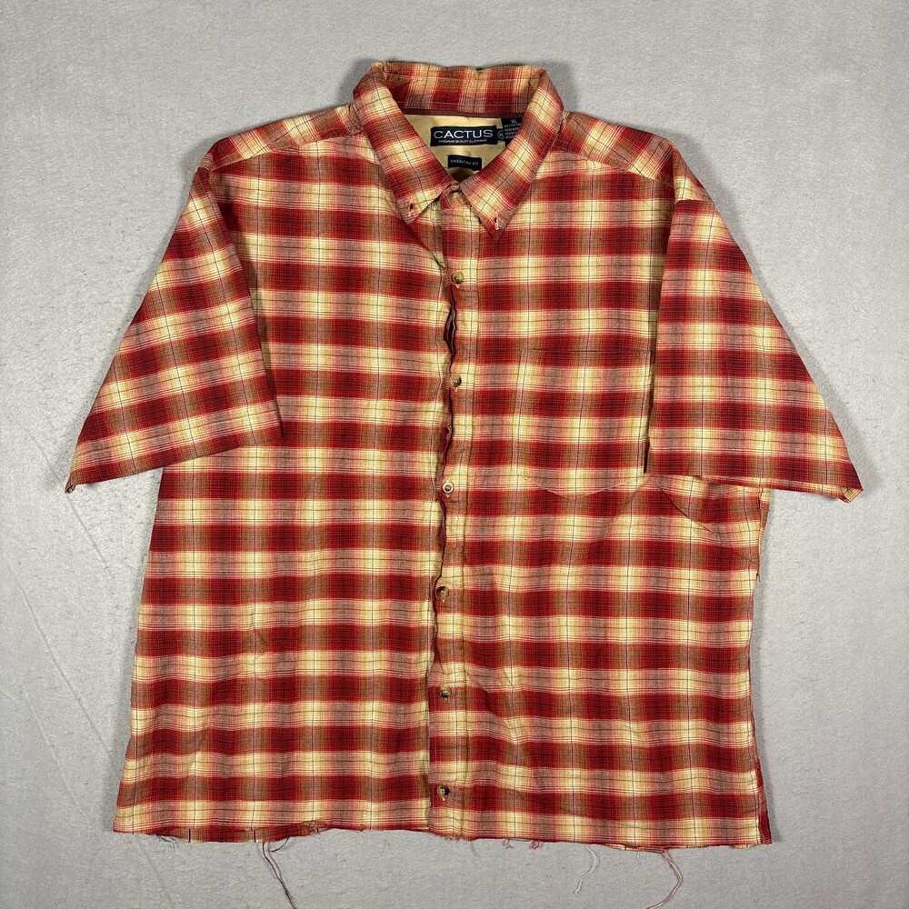Vintage Cactus Flannel Shirt Mens XL Red and Cream Plaid Button Down 100% cotton